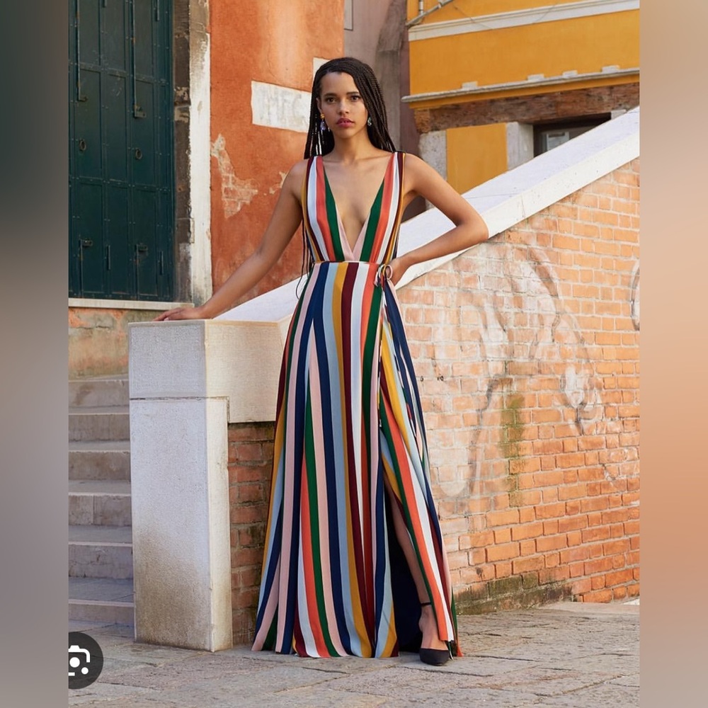Reformation rainbow striped floor length dress, S, excellent condition